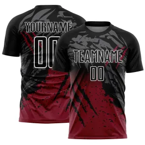 Custom Black Crimson-White Gradient Scratch Splash Sublimation Soccer Uniform Jersey