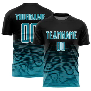 Custom Black Teal-White Gradient Line Sublimation Soccer Uniform Jersey