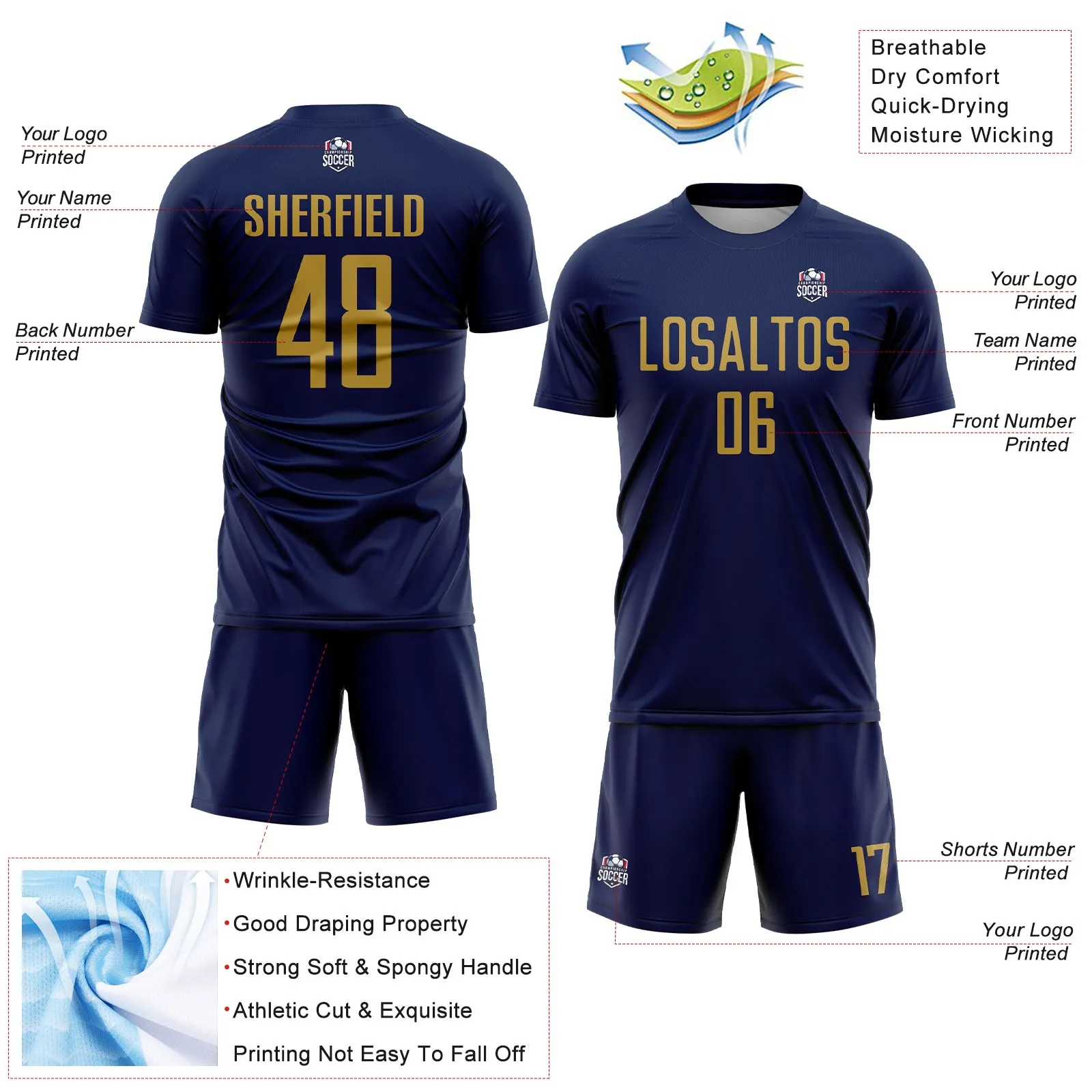 Custom Navy Old Gold Sublimation Soccer Uniform Jersey