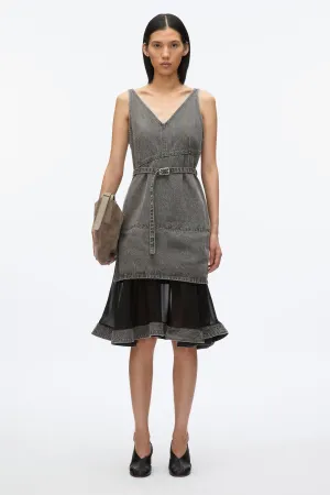 Denim V Neck Dress with Chiffon Hem