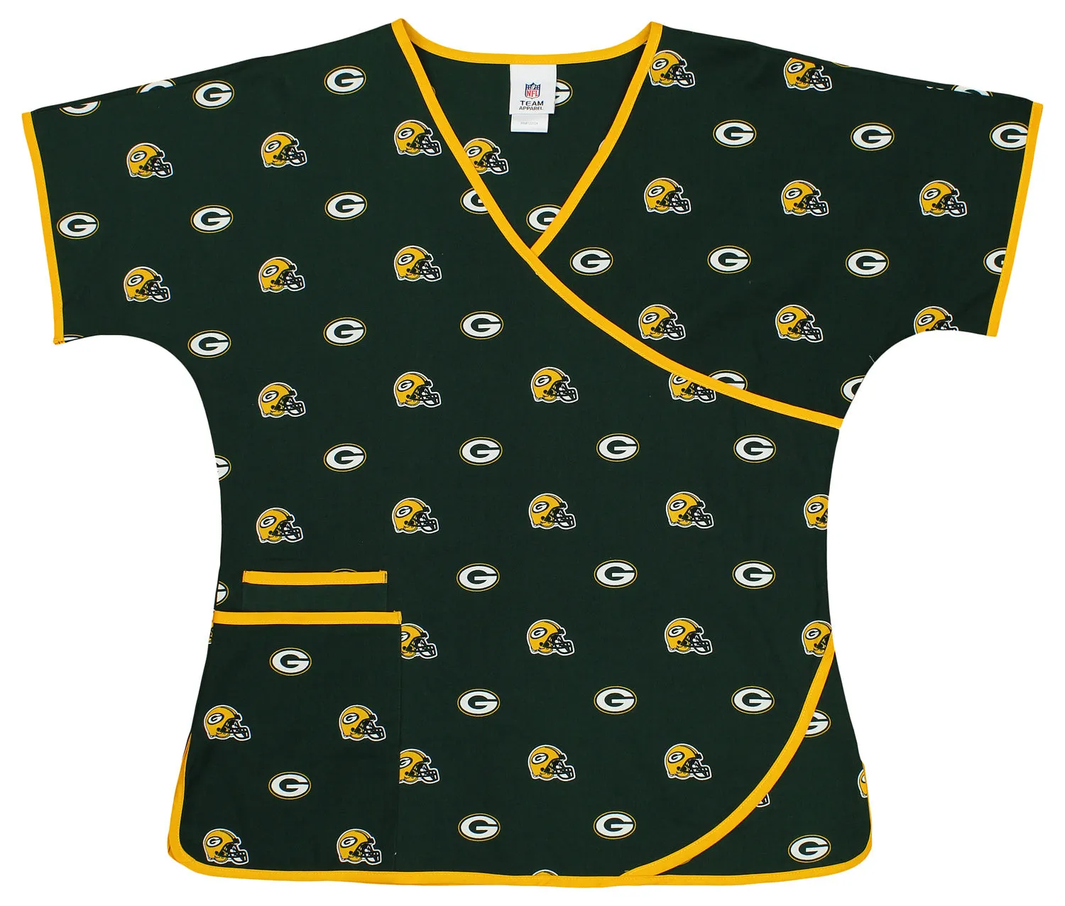 Fabrique Innovations NFL Women's Green Bay Packers Repeat Logo Wrap Scrub Top