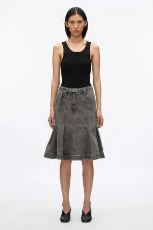 Flounce Hem Belted Denim Skirt