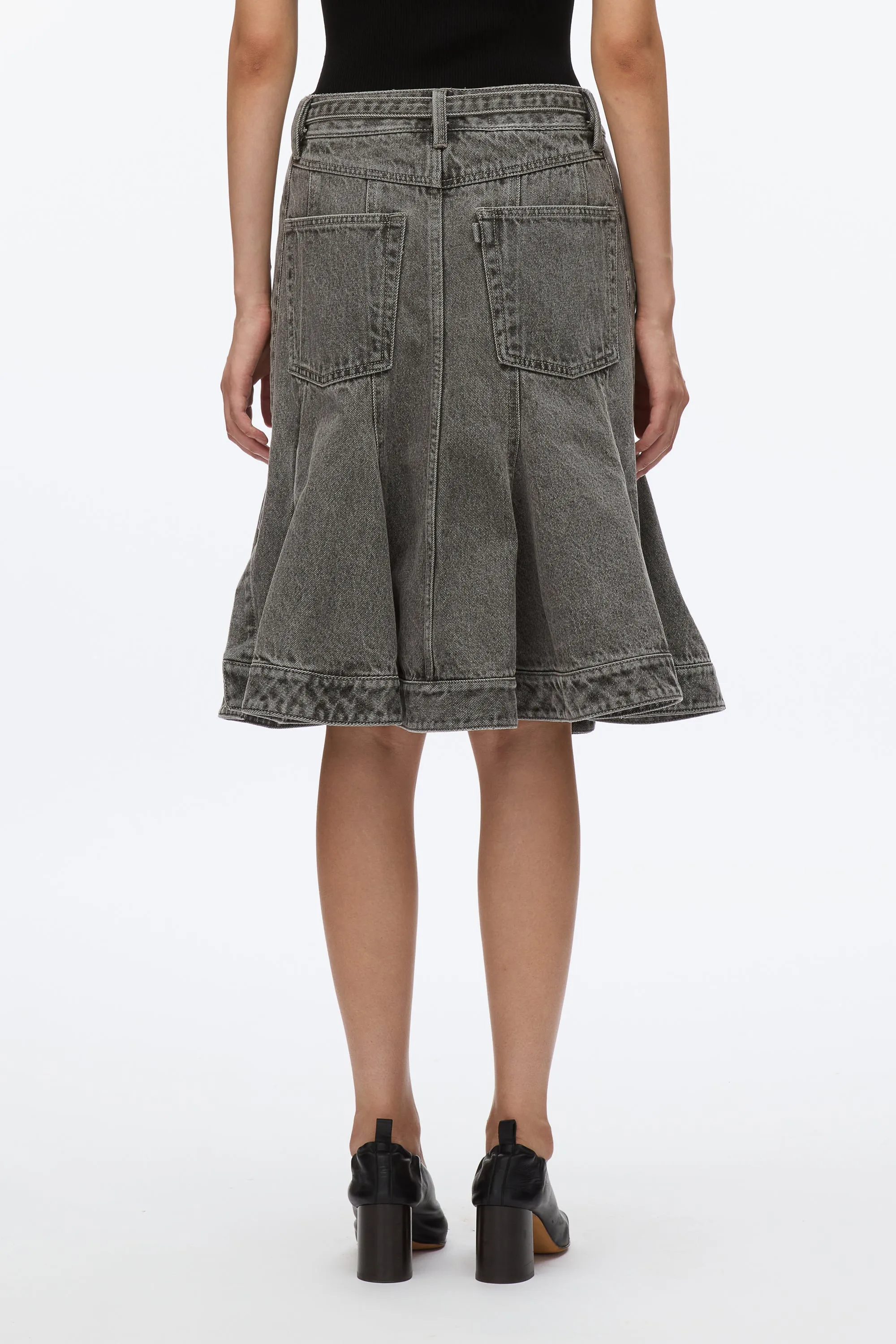 Flounce Hem Belted Denim Skirt