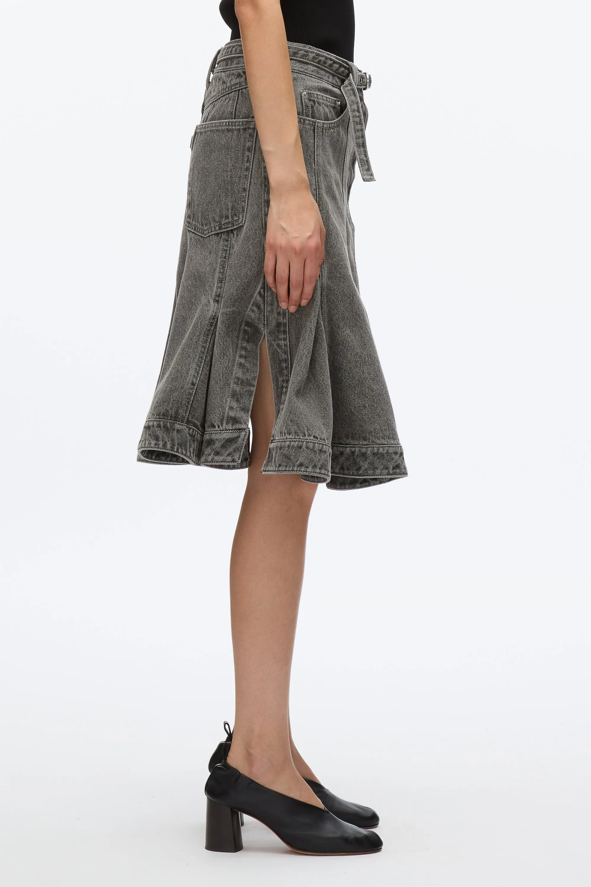 Flounce Hem Belted Denim Skirt