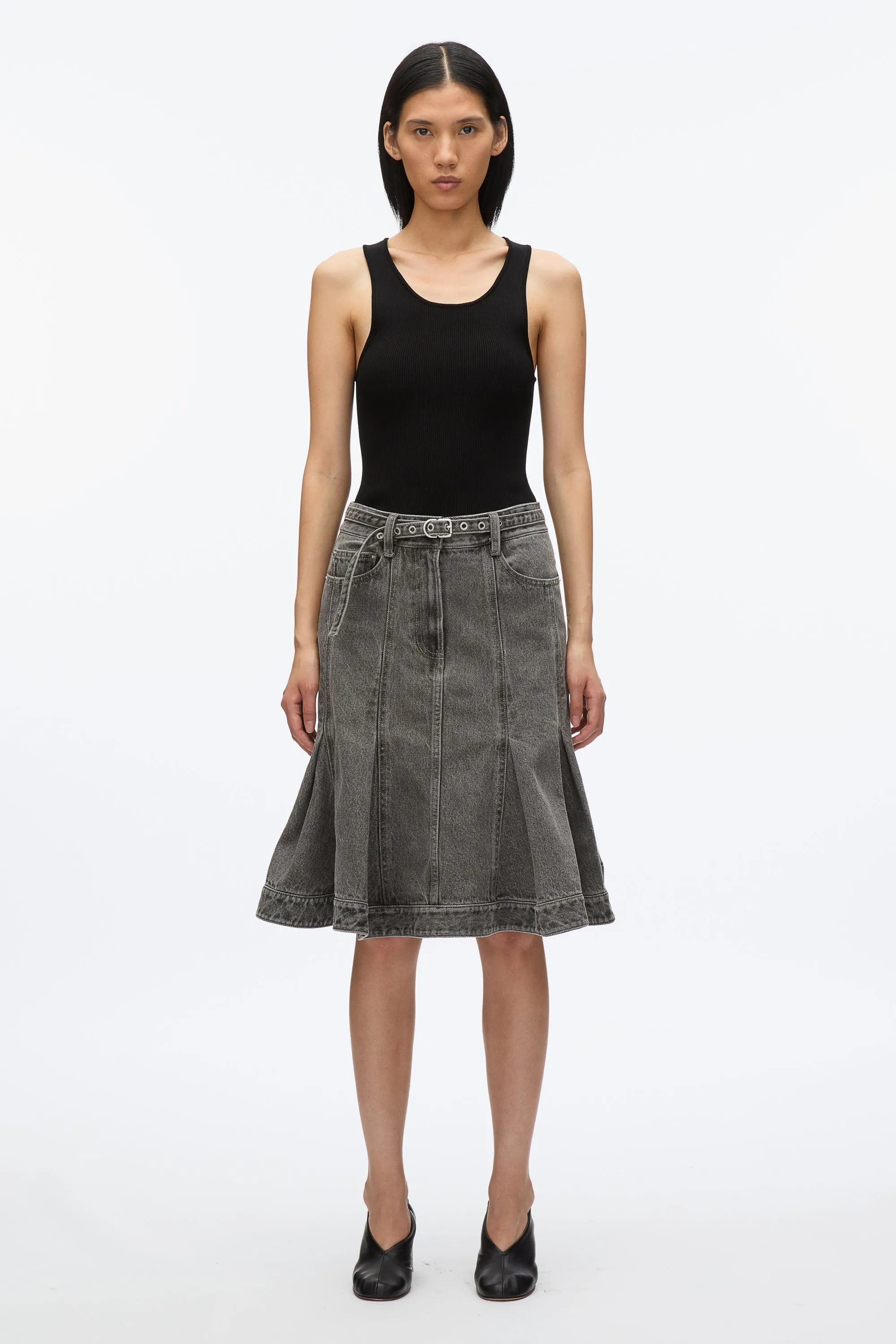 Flounce Hem Belted Denim Skirt