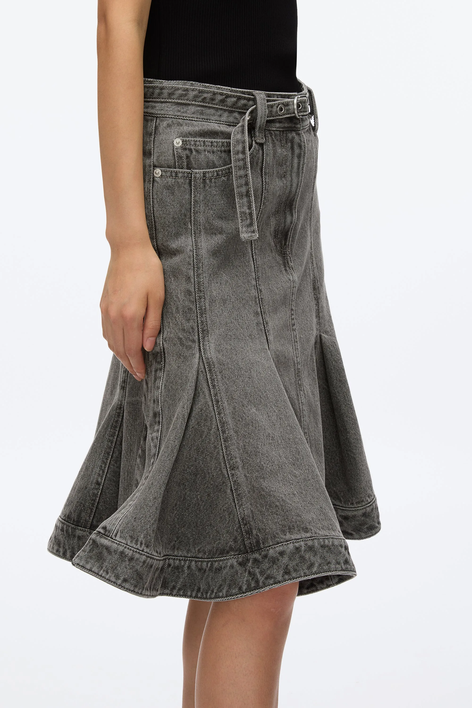 Flounce Hem Belted Denim Skirt