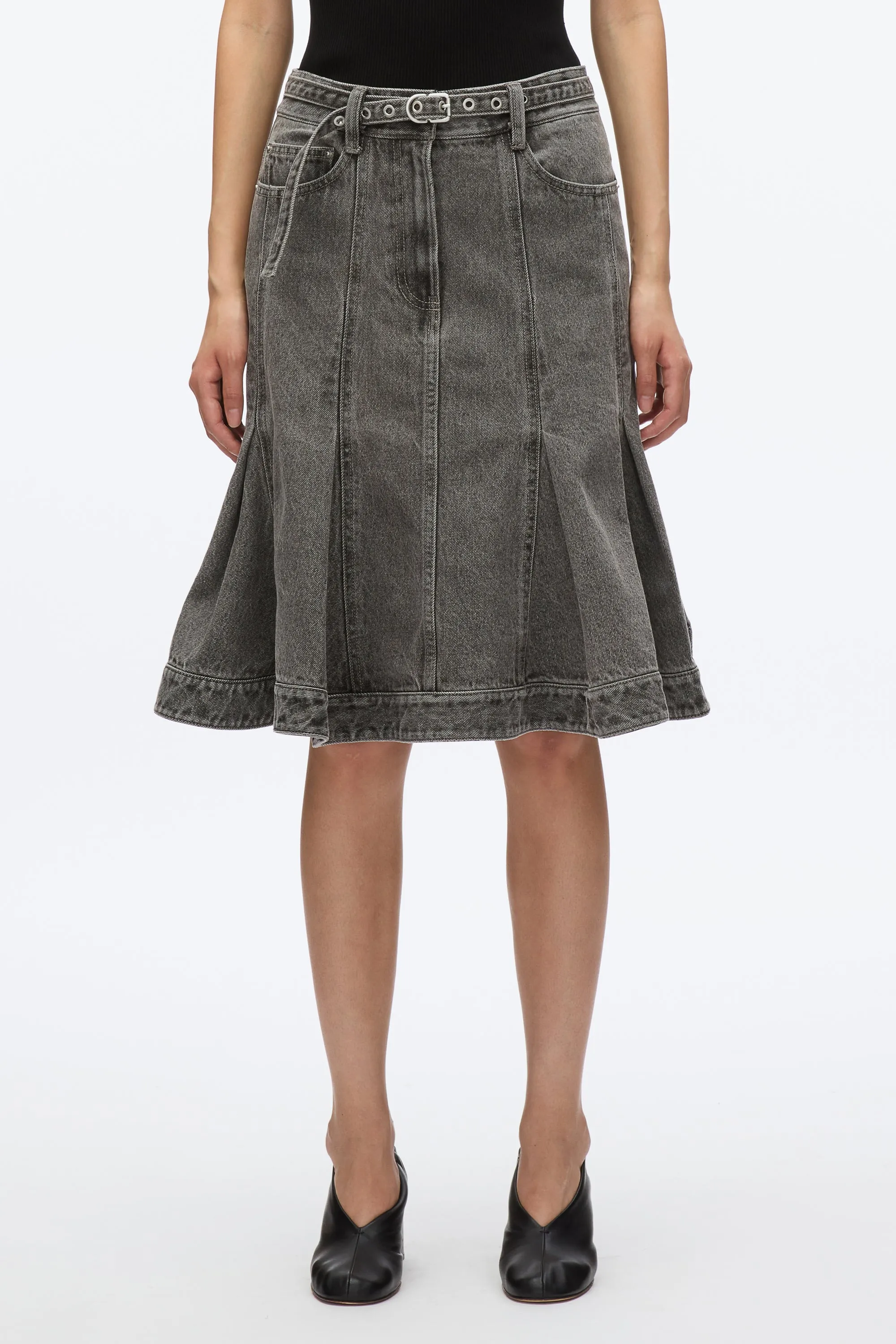 Flounce Hem Belted Denim Skirt