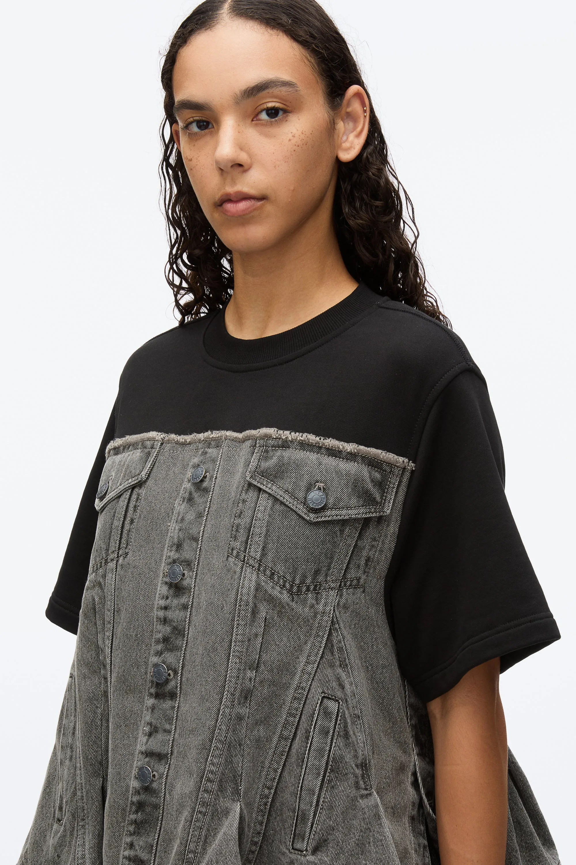 Flounce Hem Hybrid Denim Top