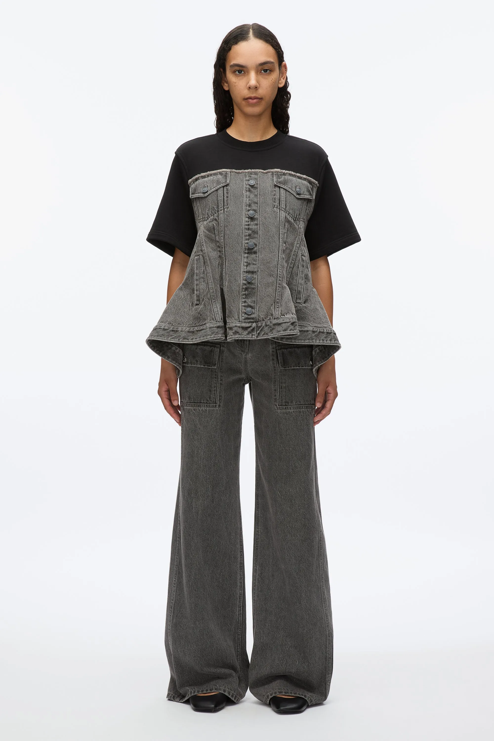 Flounce Hem Hybrid Denim Top