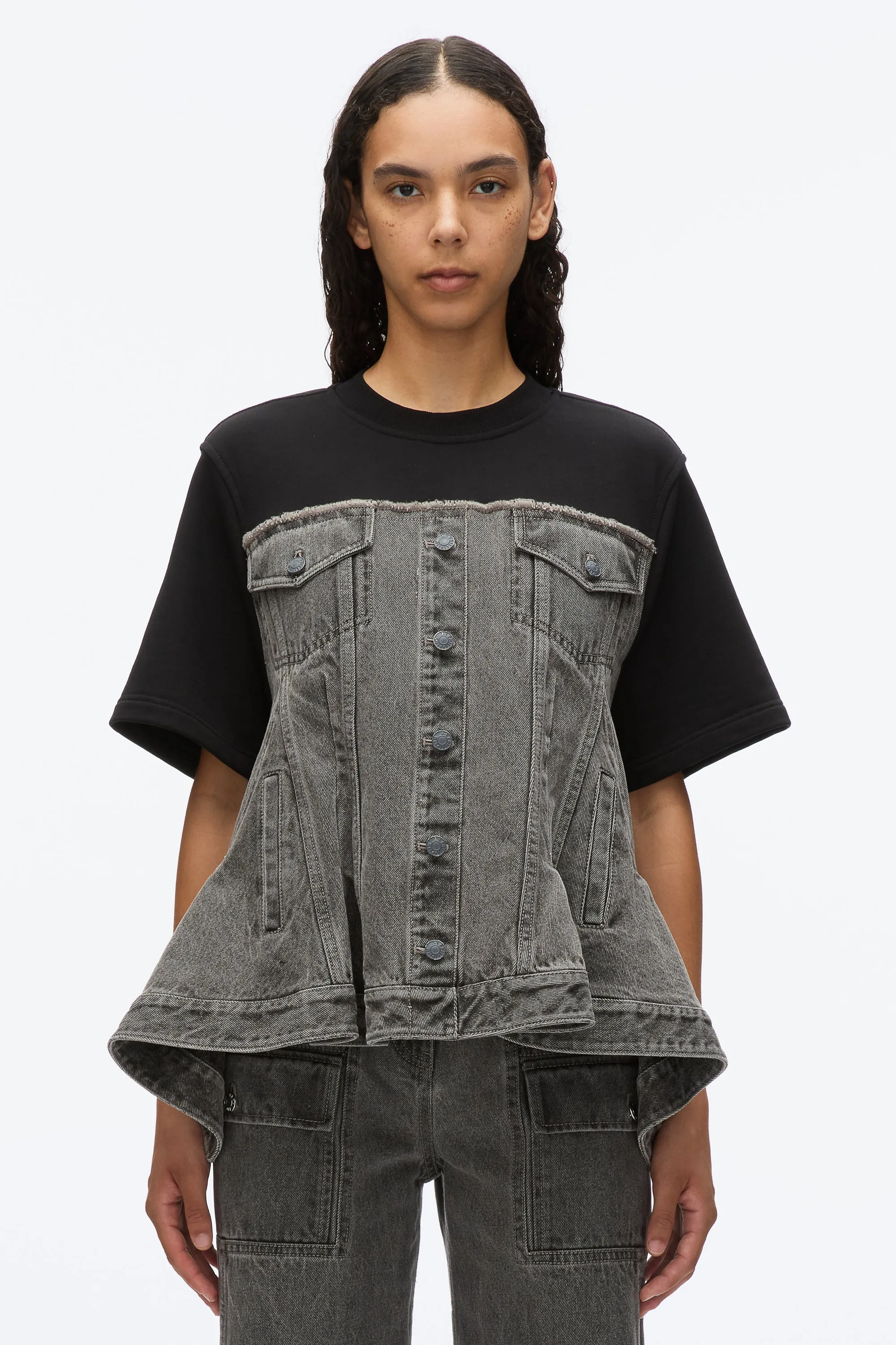 Flounce Hem Hybrid Denim Top