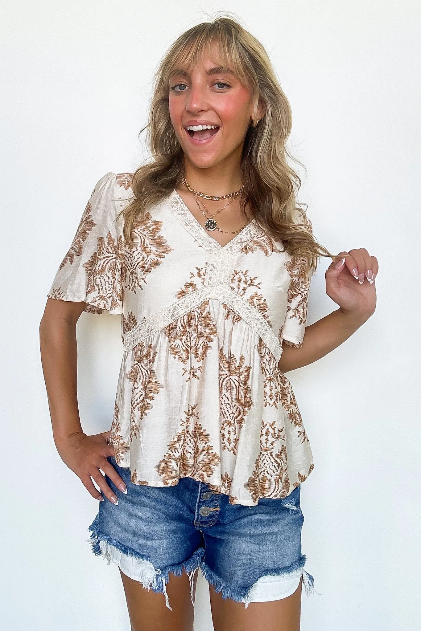 Isolda Textured Lace V-Neck Top