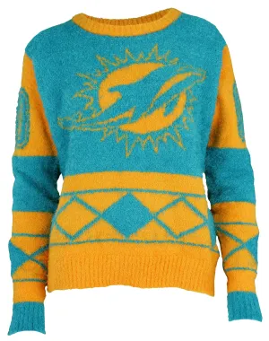 Klew Miami Dolphins NFL Women's Eyelash Crew Ugly Sweater, Aqua