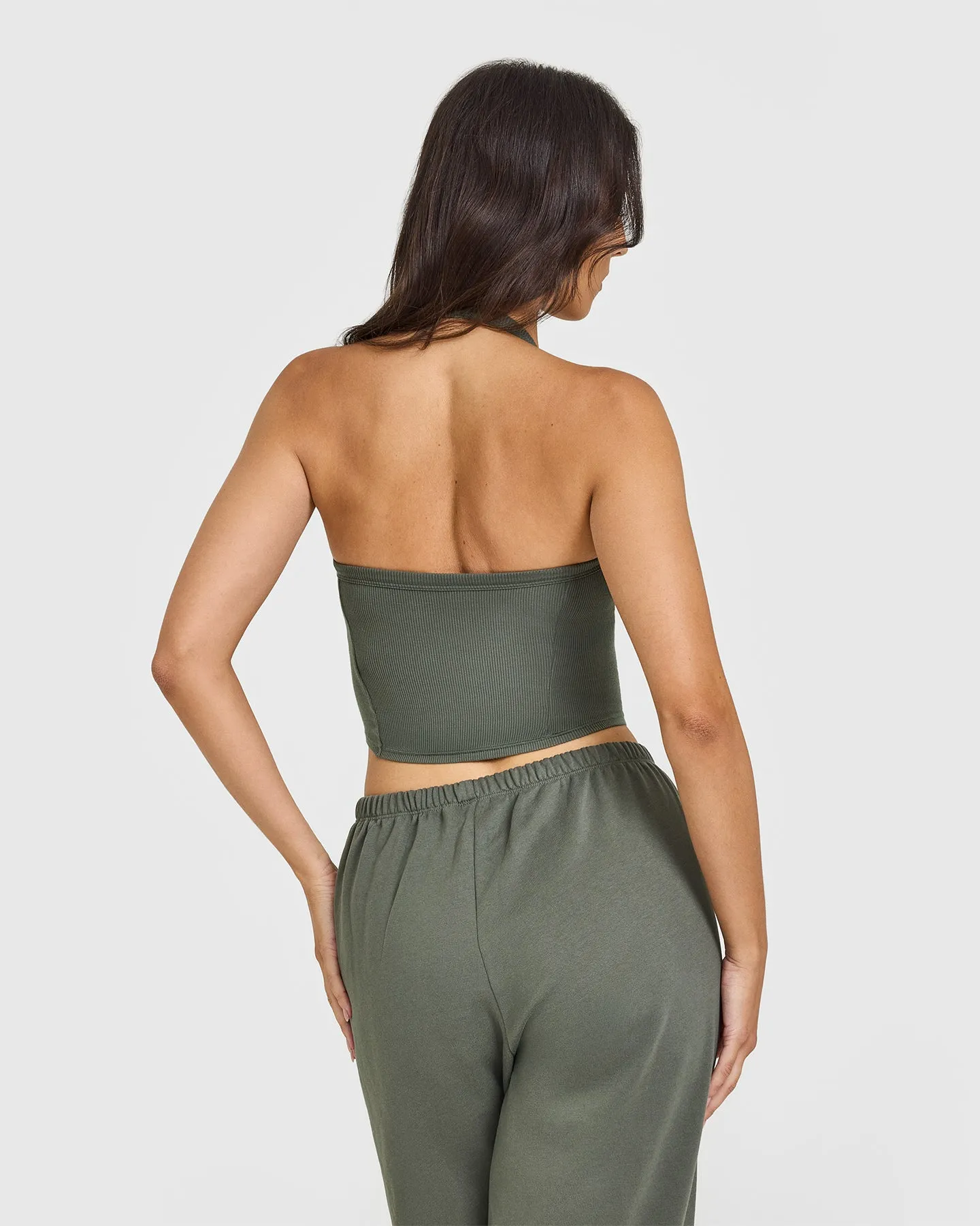 Mellow Rib Halter Neck Mid Vest with Built in Bra Shelf | Dark Khaki