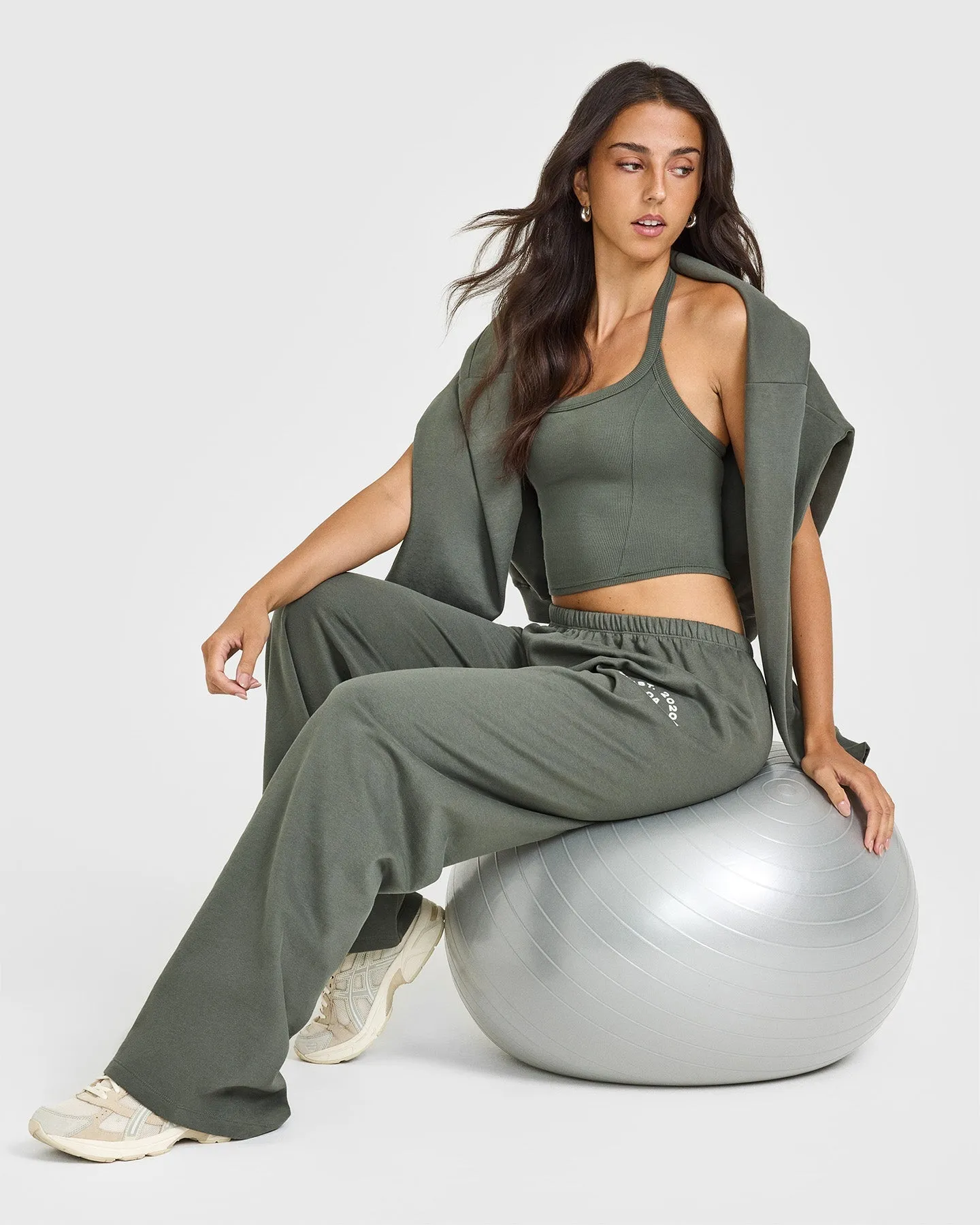 Mellow Rib Halter Neck Mid Vest with Built in Bra Shelf | Dark Khaki