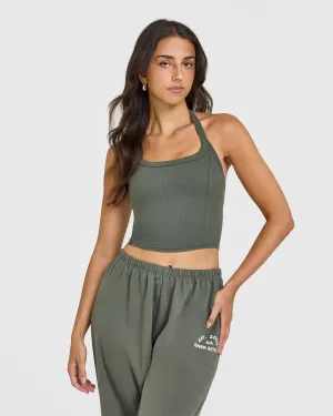 Mellow Rib Halter Neck Mid Vest with Built in Bra Shelf | Dark Khaki