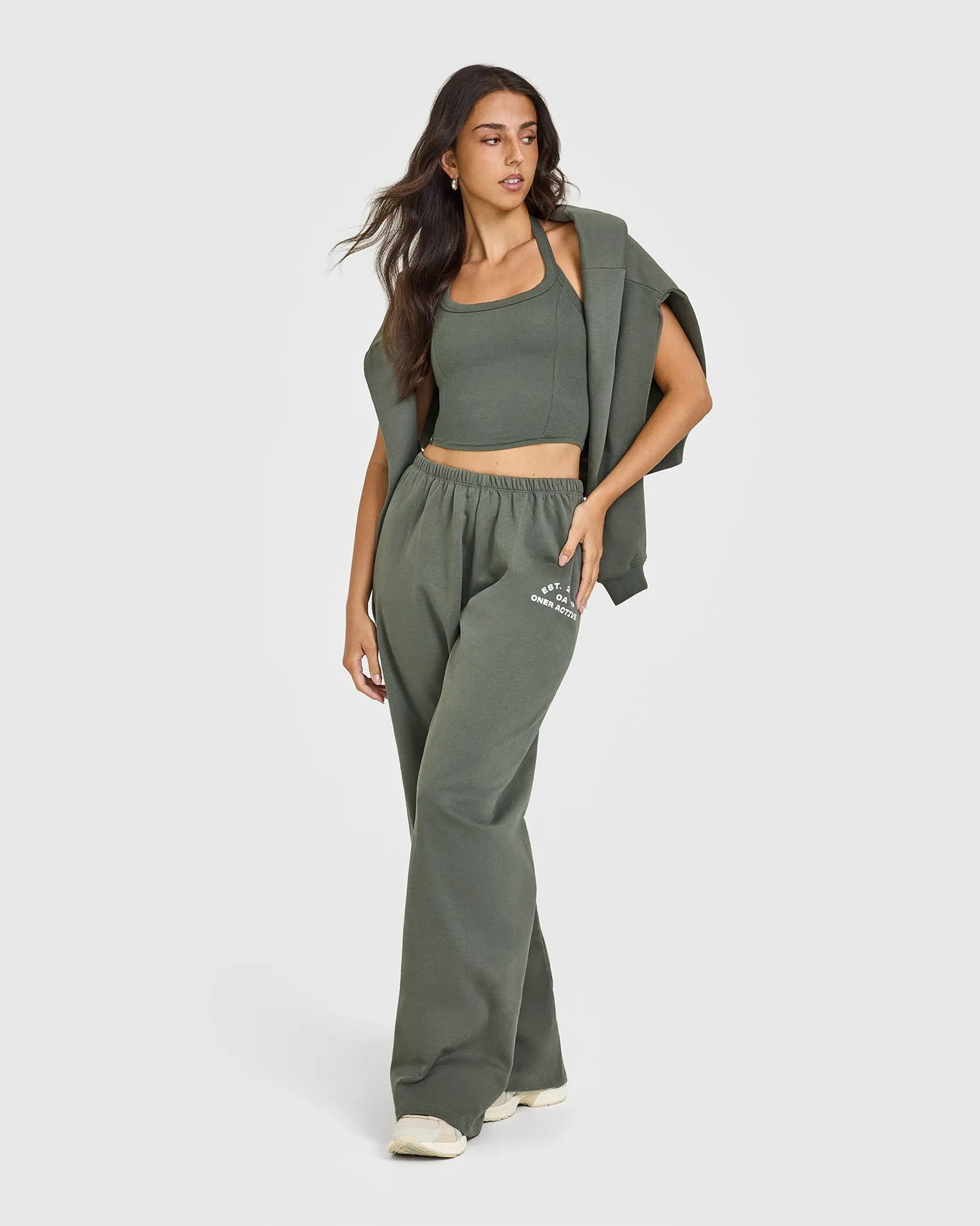 Mellow Rib Halter Neck Mid Vest with Built in Bra Shelf | Dark Khaki