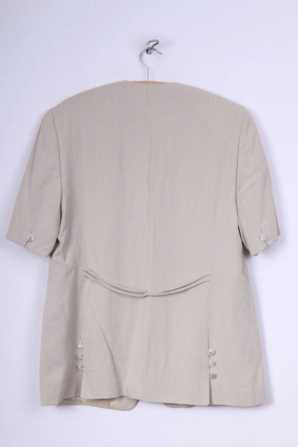 Petite Mademoiselle Womens XL Blazer Short Sleeve Check Cream Sholuder Pads Summer Vintage