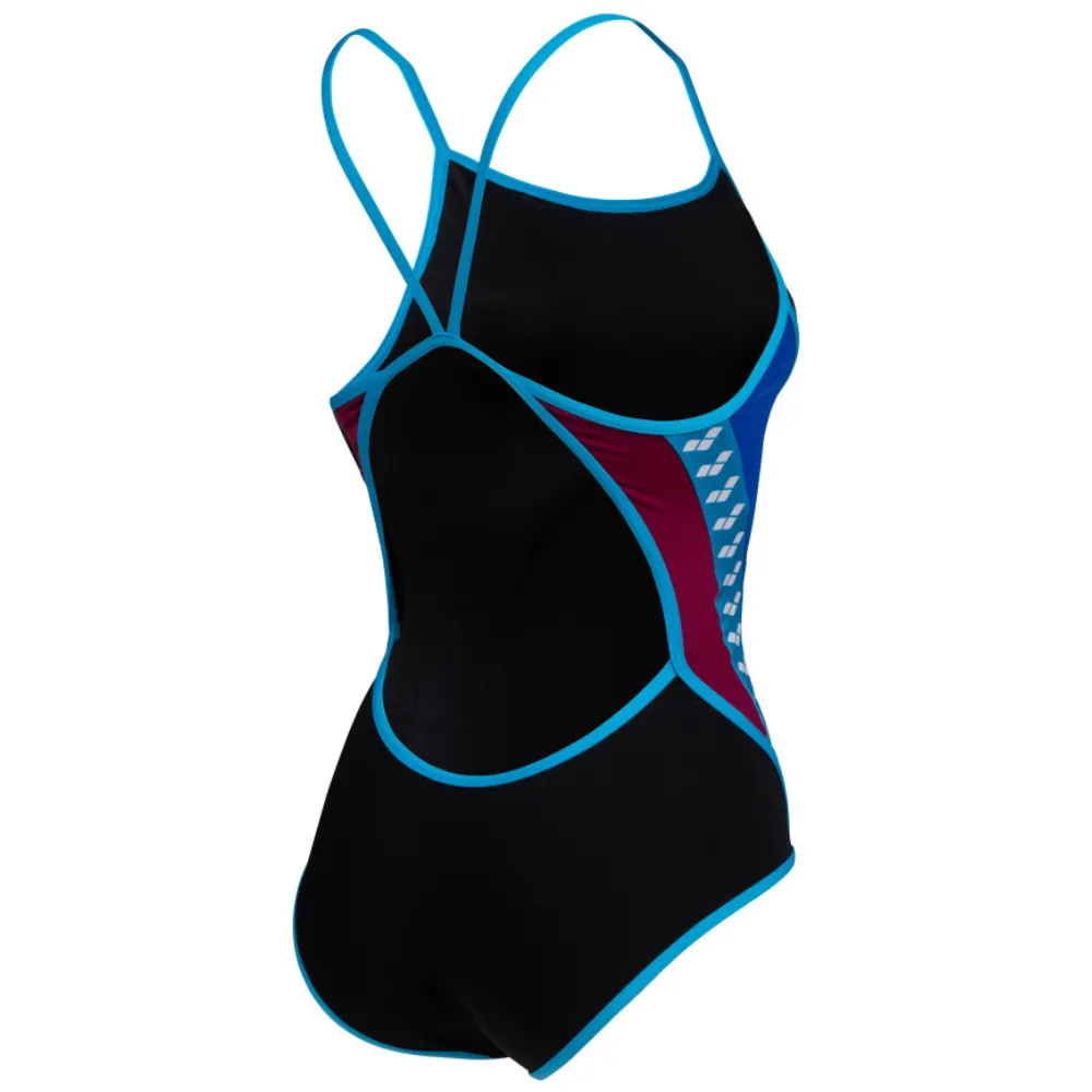 WOMEN'S ARENA ICONS SWIMSUIT SUPER FLY BACK STRIPE PANEL - BLACK/NEON BLUE/RED FANDAN