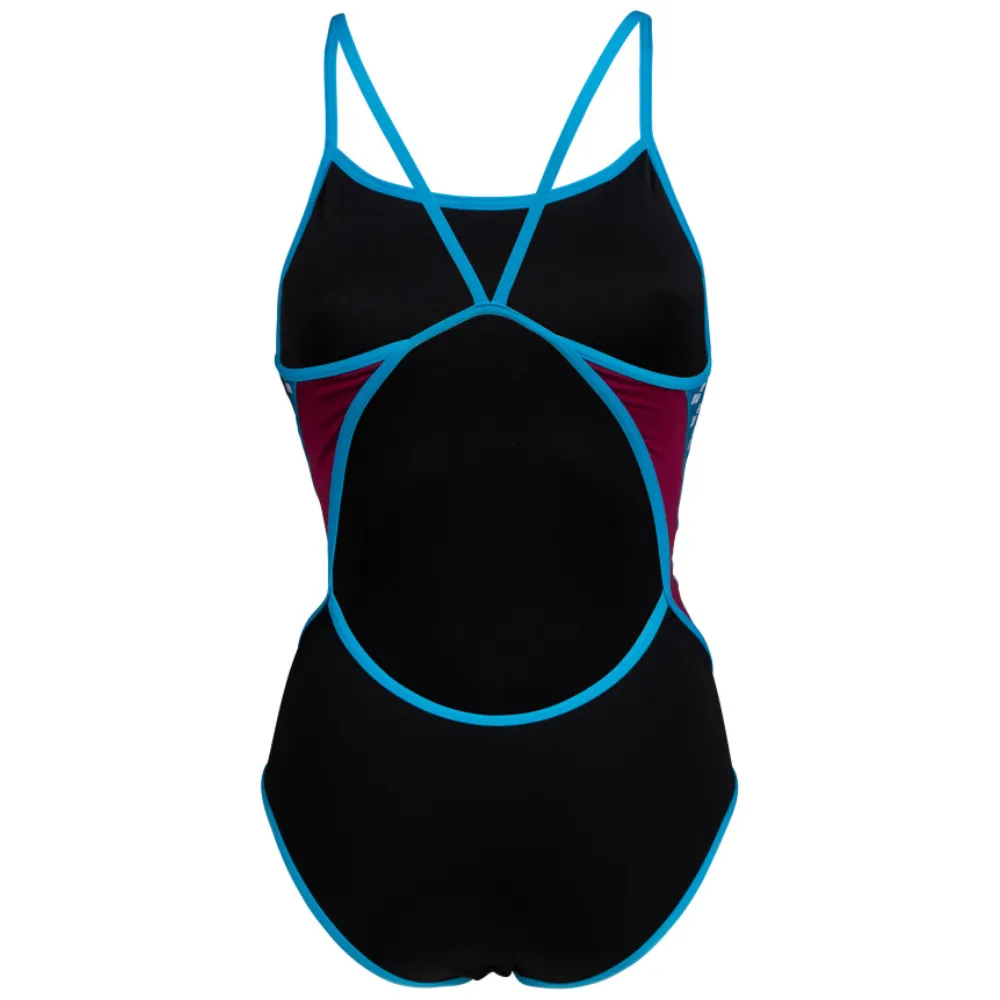 WOMEN'S ARENA ICONS SWIMSUIT SUPER FLY BACK STRIPE PANEL - BLACK/NEON BLUE/RED FANDAN