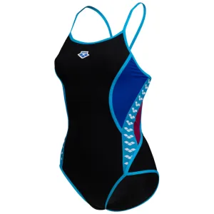 WOMEN'S ARENA ICONS SWIMSUIT SUPER FLY BACK STRIPE PANEL - BLACK/NEON BLUE/RED FANDAN