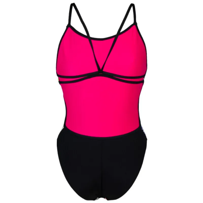 WOMEN'S SWIMSUIT CIRCLE STRIPE LACE BACK - BLACK/MULTICOLOUR